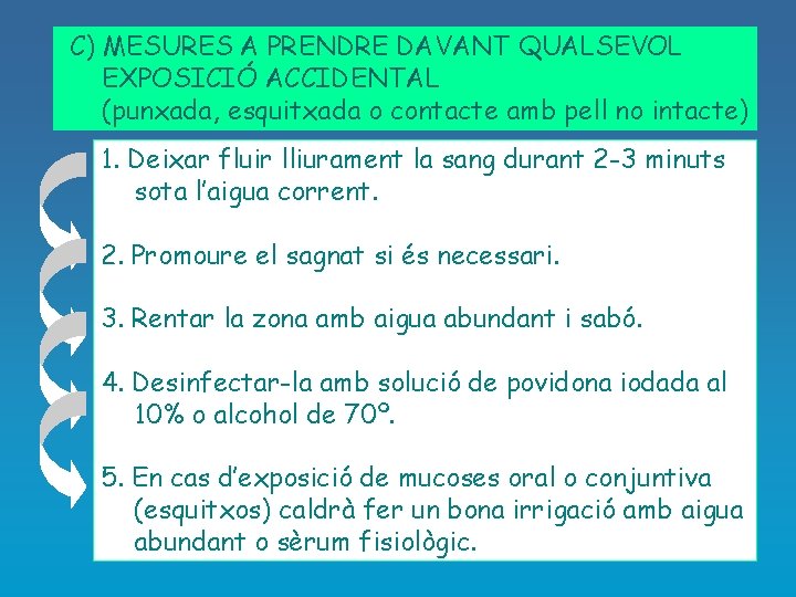 C) MESURES A PRENDRE DAVANT QUALSEVOL EXPOSICIÓ ACCIDENTAL (punxada, esquitxada o contacte amb pell