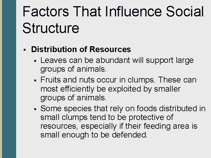 Factors That Influence Social Structure § Distribution of Resources § Leaves can be abundant