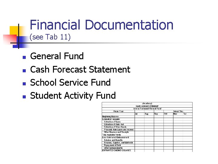 Financial Documentation (see Tab 11) n n General Fund Cash Forecast Statement School Service