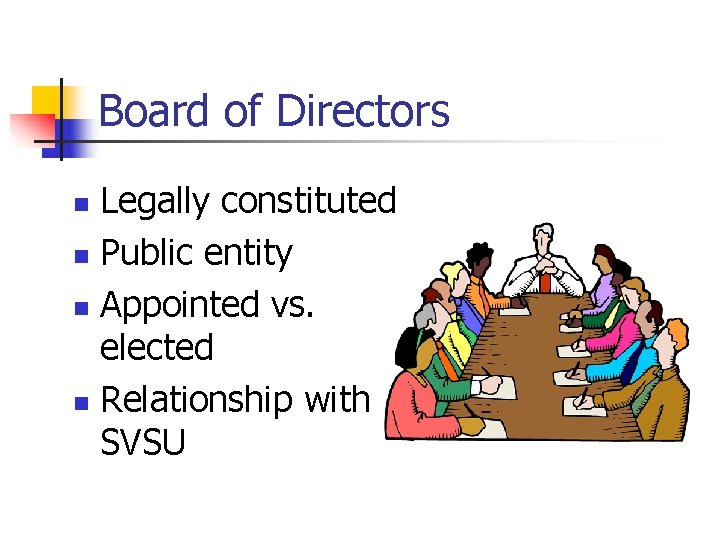 Board of Directors Legally constituted n Public entity n Appointed vs. elected n Relationship