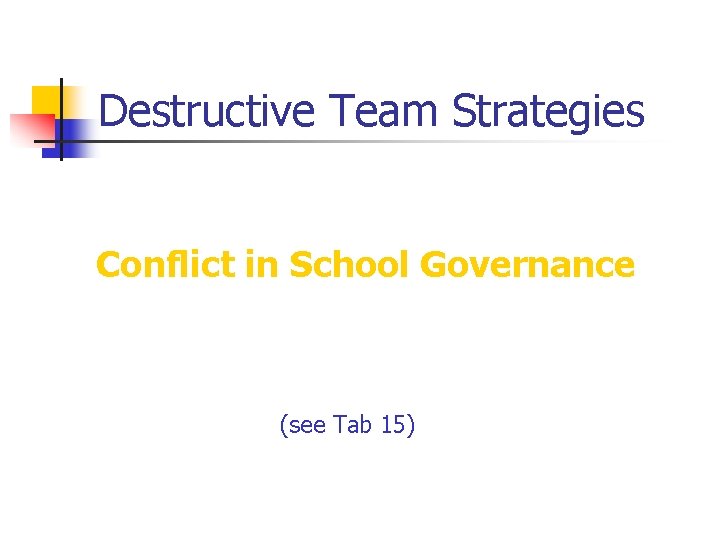 Destructive Team Strategies Conflict in School Governance (see Tab 15) 