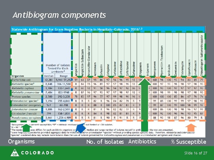 Antibiogram components Organisms No. of Isolates Antibiotics % Susceptible Slide 16 of 27 