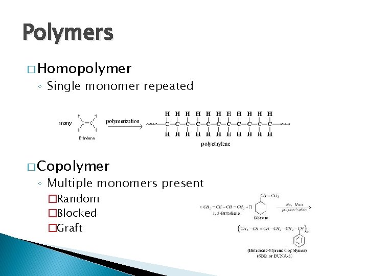 Polymers � Homopolymer ◦ Single monomer repeated � Copolymer ◦ Multiple monomers present �Random
