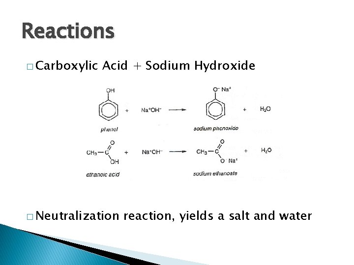 Reactions � Carboxylic Acid + Sodium Hydroxide � Neutralization reaction, yields a salt and