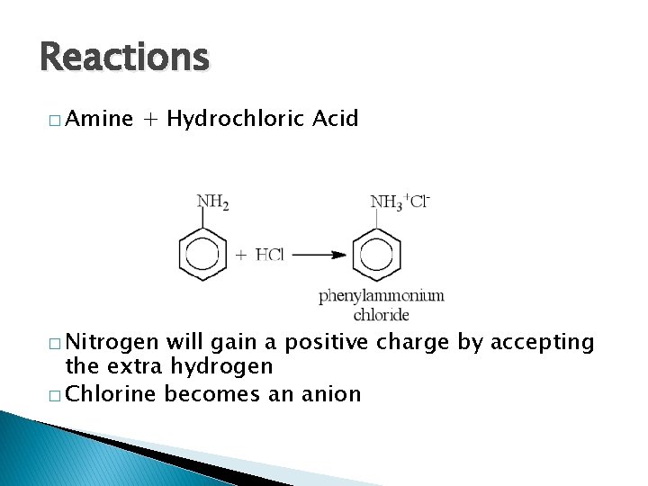 Reactions � Amine + Hydrochloric Acid � Nitrogen will gain a positive charge by