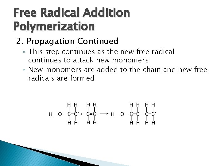 Free Radical Addition Polymerization 2. Propagation Continued ◦ This step continues as the new