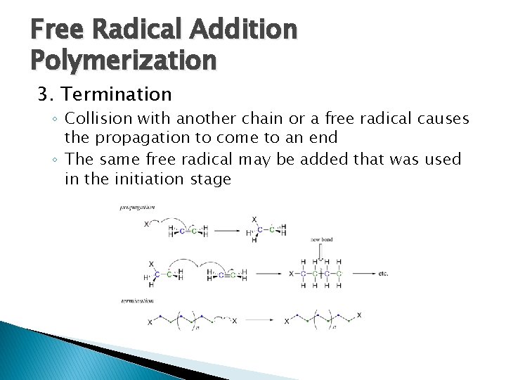 Free Radical Addition Polymerization 3. Termination ◦ Collision with another chain or a free