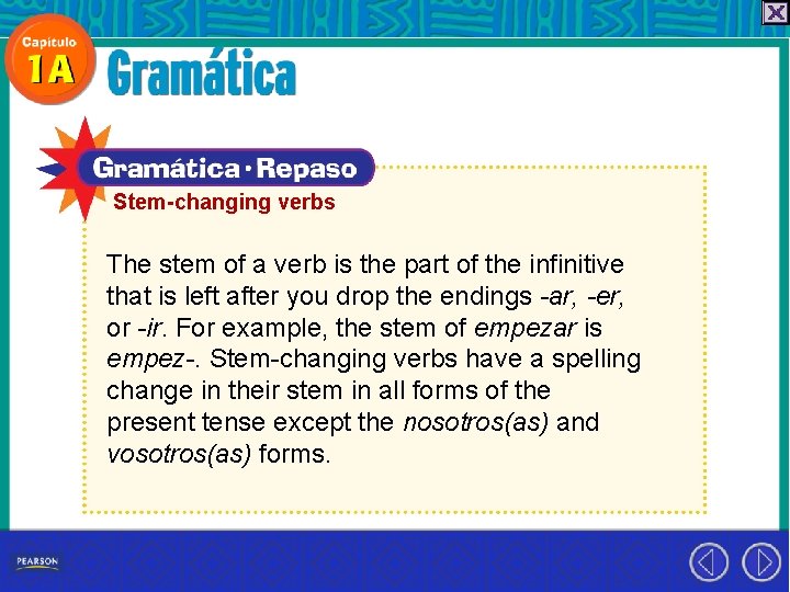 Stem-changing verbs The stem of a verb is the part of the infinitive that