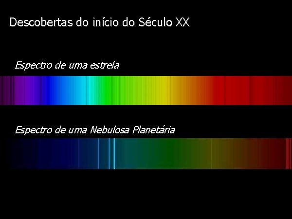 Diapositivo Visual Descobertas do início do Século XX Espectro de uma estrela Espectro de