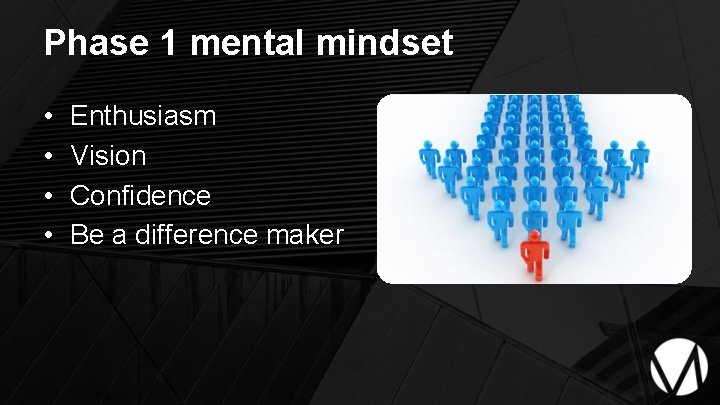 Phase 1 mental mindset • • Enthusiasm Vision Confidence Be a difference maker 