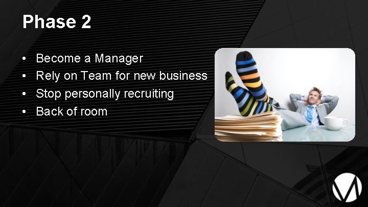Phase 2 • • Become a Manager Rely on Team for new business Stop