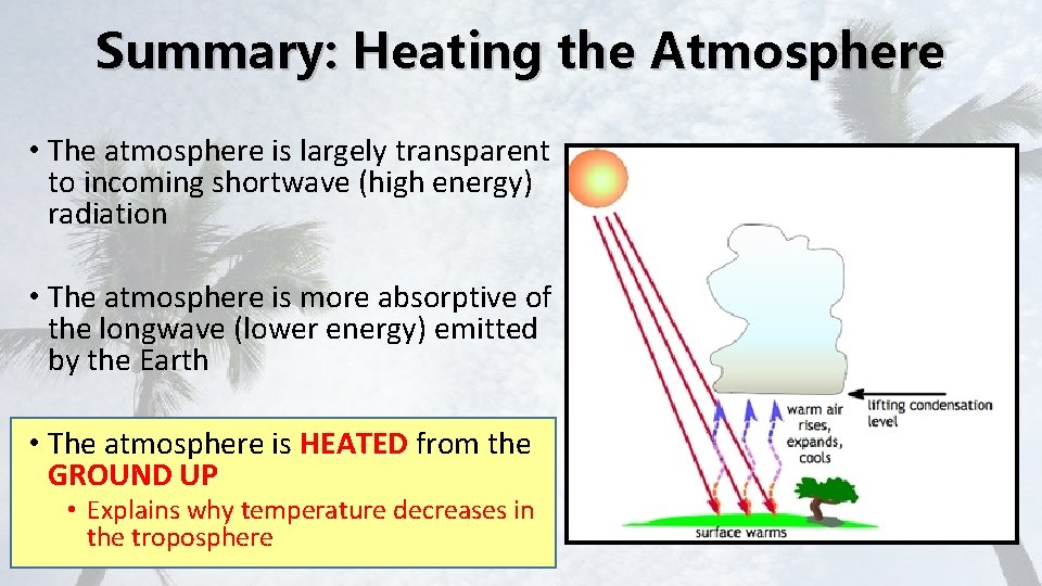 Summary: Heating the Atmosphere • The atmosphere is largely transparent to incoming shortwave (high