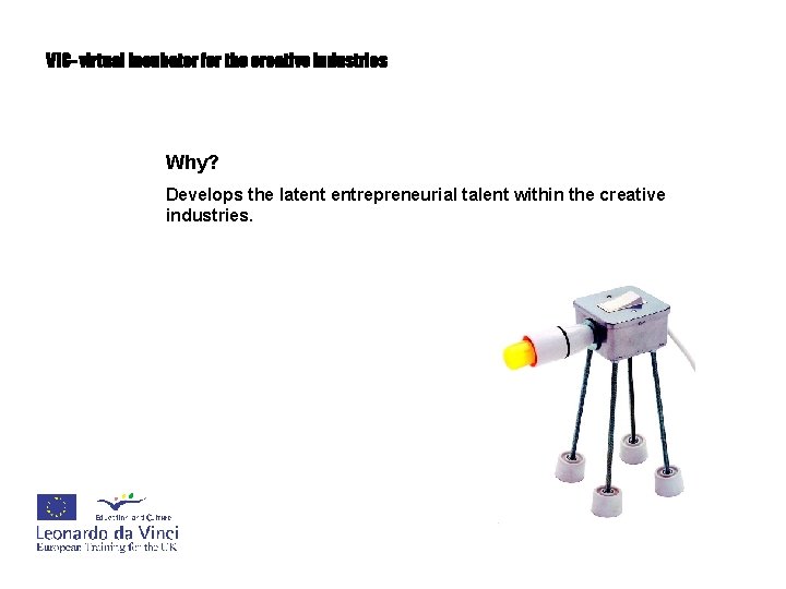 VIC- virtual incubator for the creative industries Why? Develops the latent entrepreneurial talent within