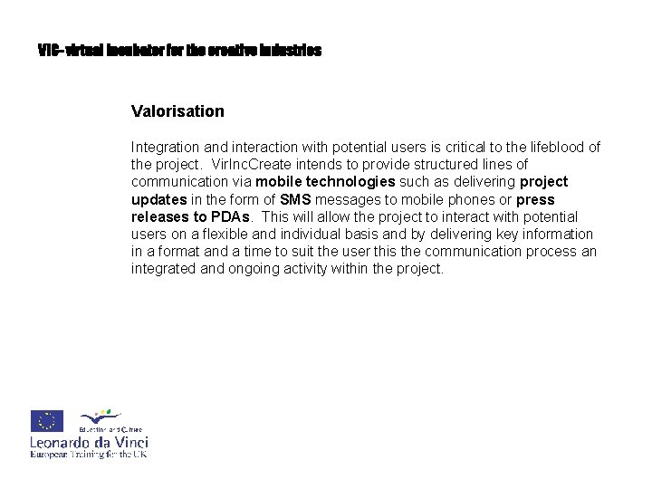 VIC- virtual incubator for the creative industries Valorisation Integration and interaction with potential users