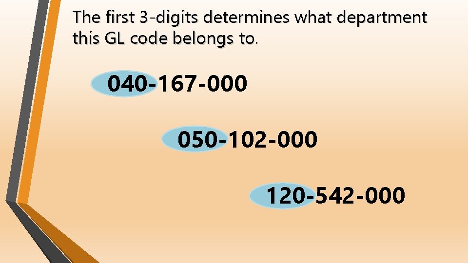 The first 3 -digits determines what department this GL code belongs to. 040 -167