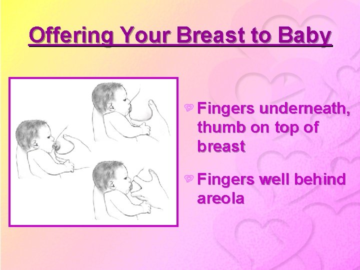 Offering Your Breast to Baby Fingers underneath, thumb on top of breast Fingers well