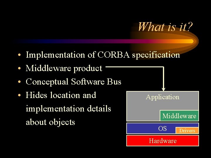 What is it? • • Implementation of CORBA specification Middleware product Conceptual Software Bus