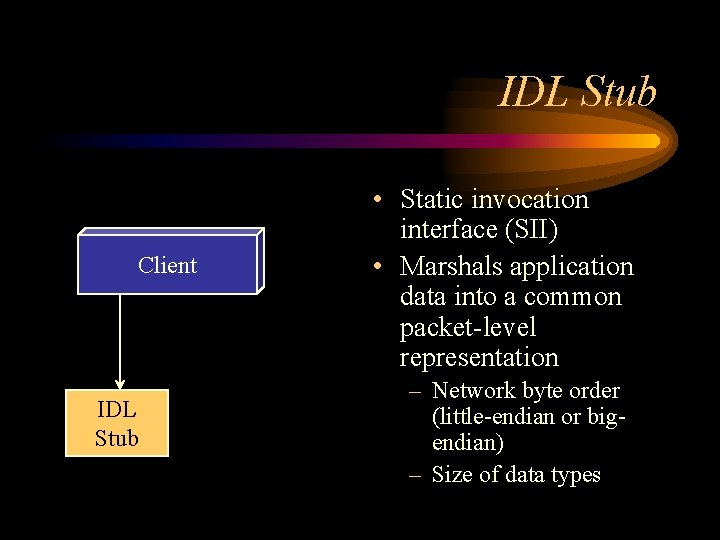 IDL Stub Client IDL Stub • Static invocation interface (SII) • Marshals application data