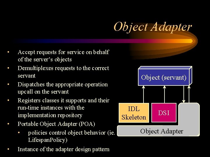 Object Adapter • • • Accept requests for service on behalf of the server’s