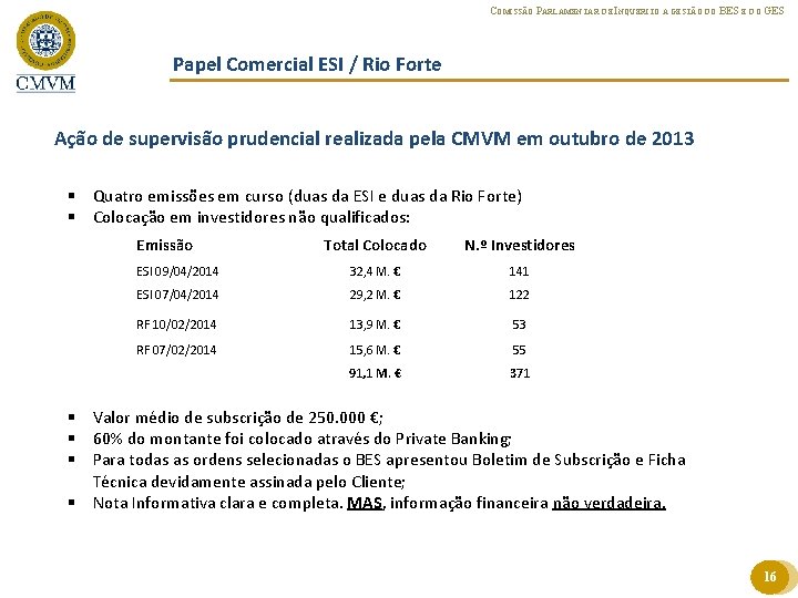 COMISSÃO PARLAMENTAR DE INQUÉRITO À GESTÃO DO BES E DO GES Papel Comercial ESI