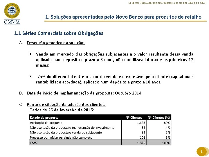 COMISSÃO PARLAMENTAR DE INQUÉRITO À GESTÃO DO BES E DO GES 1. Soluções apresentadas