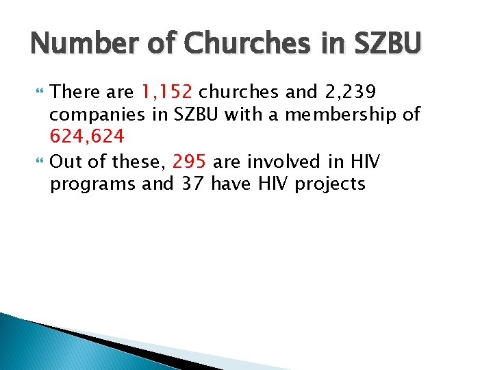 Number of Churches in SZBU There are 1, 152 churches and 2, 239 companies