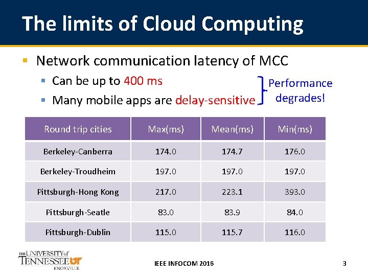 The limits of Cloud Computing § Network communication latency of MCC § Can be