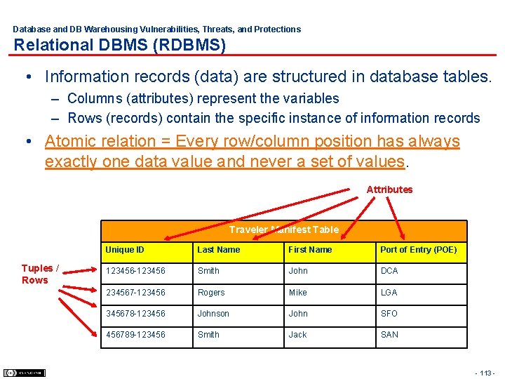 Database and DB Warehousing Vulnerabilities, Threats, and Protections Relational DBMS (RDBMS) • Information records