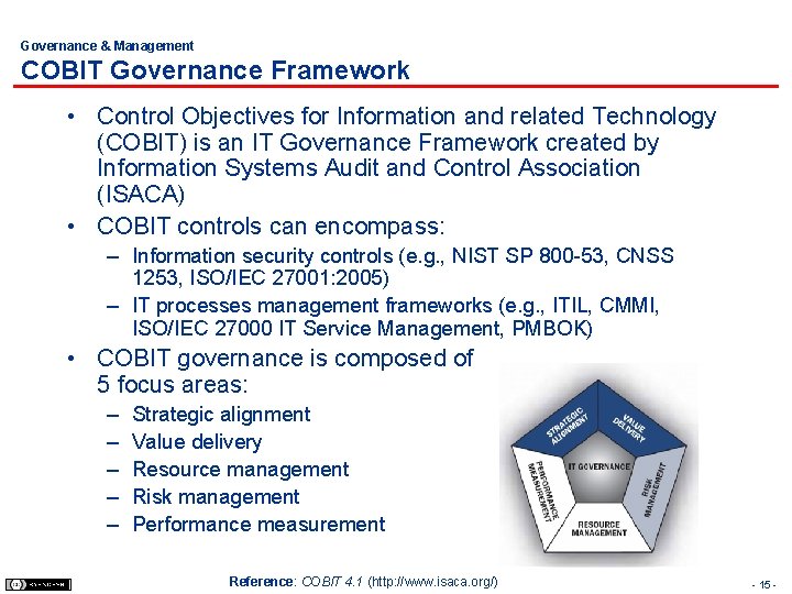 Governance & Management COBIT Governance Framework • Control Objectives for Information and related Technology