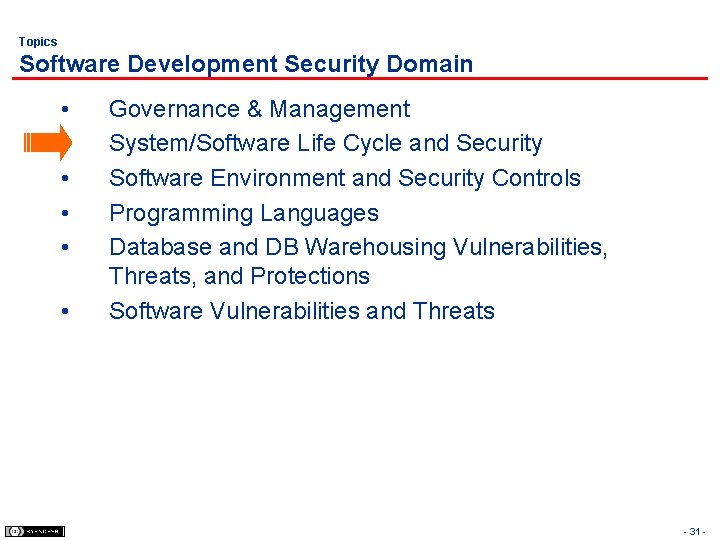 Topics Software Development Security Domain • • • Governance & Management System/Software Life Cycle
