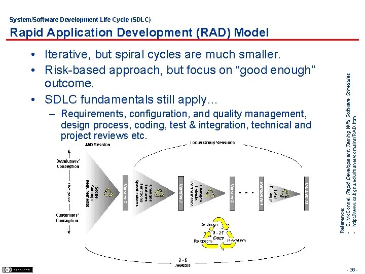 System/Software Development Life Cycle (SDLC) • Iterative, but spiral cycles are much smaller. •