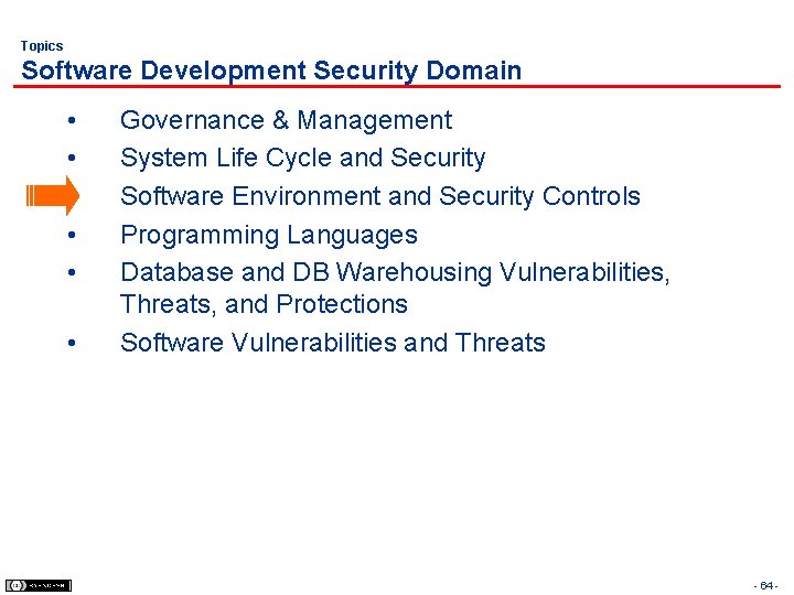 Topics Software Development Security Domain • • • Governance & Management System Life Cycle