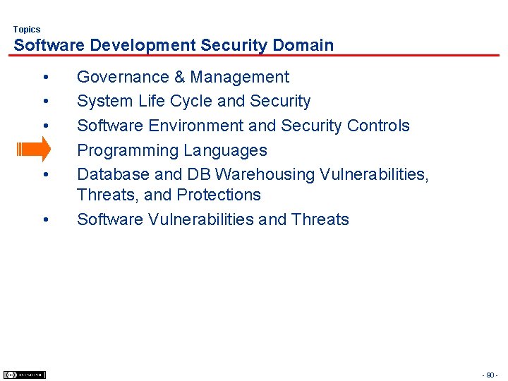 Topics Software Development Security Domain • • • Governance & Management System Life Cycle