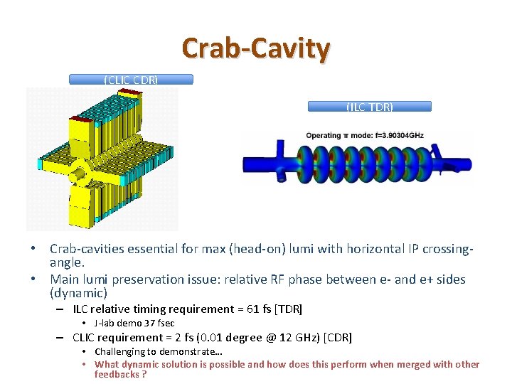 Crab-Cavity (CLIC CDR) (ILC TDR) • Crab-cavities essential for max (head-on) lumi with horizontal