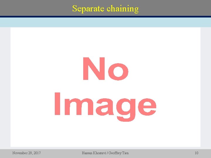 Separate chaining • November 29, 2017 Hassan Khosravi / Geoffrey Tien 10 Separate chaining • November 29, 2017 Hassan Khosravi / Geoffrey Tien 10
