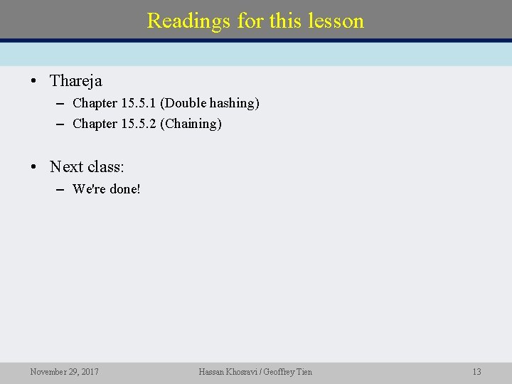 Readings for this lesson • Thareja – Chapter 15. 5. 1 (Double hashing) – Readings for this lesson • Thareja – Chapter 15. 5. 1 (Double hashing) –
