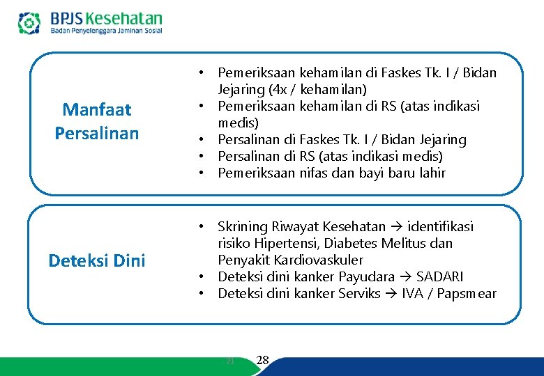 Manfaat Persalinan • Pemeriksaan kehamilan di Faskes Tk. I / Bidan Jejaring (4 x