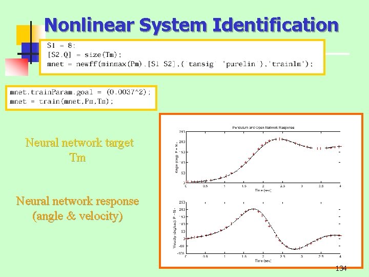 Nonlinear System Identification Neural network target Tm Neural network response (angle & velocity) 134
