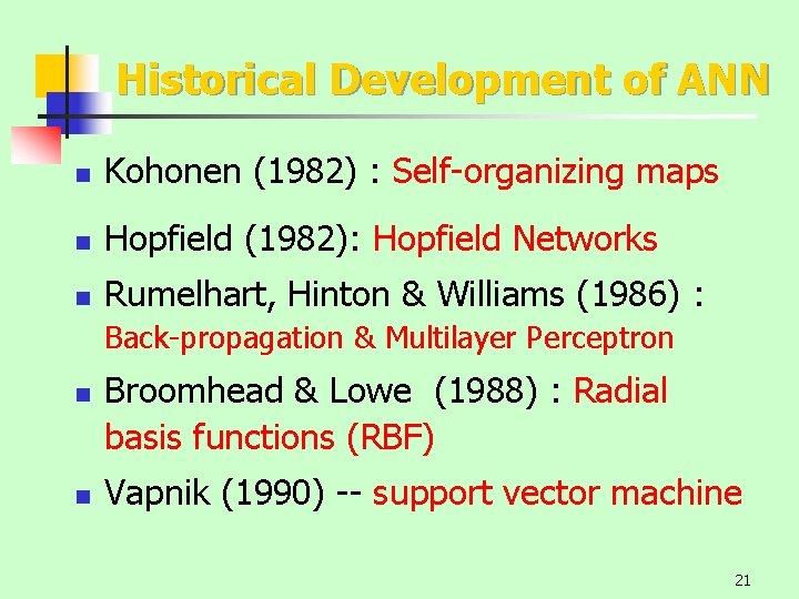 Historical Development of ANN n Kohonen (1982) : Self-organizing maps n Hopfield (1982): Hopfield