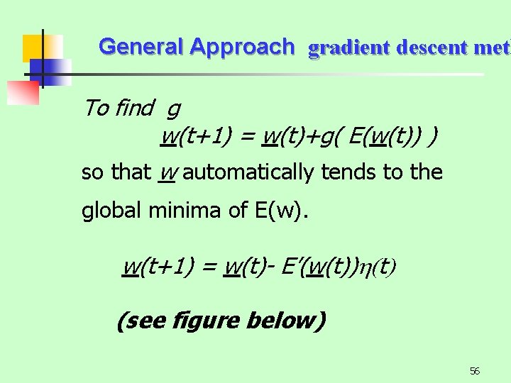 General Approach gradient descent meth To find g w(t+1) = w(t)+g( E(w(t)) ) so