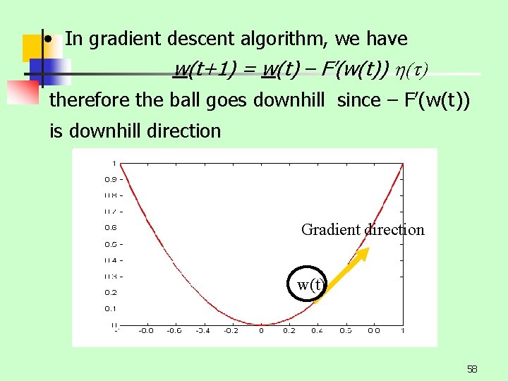  • In gradient descent algorithm, we have w(t+1) = w(t) – F’(w(t)) h(t)