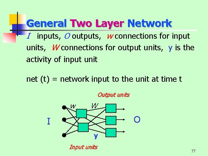 General Two Layer Network I inputs, O outputs, w connections for input units, W
