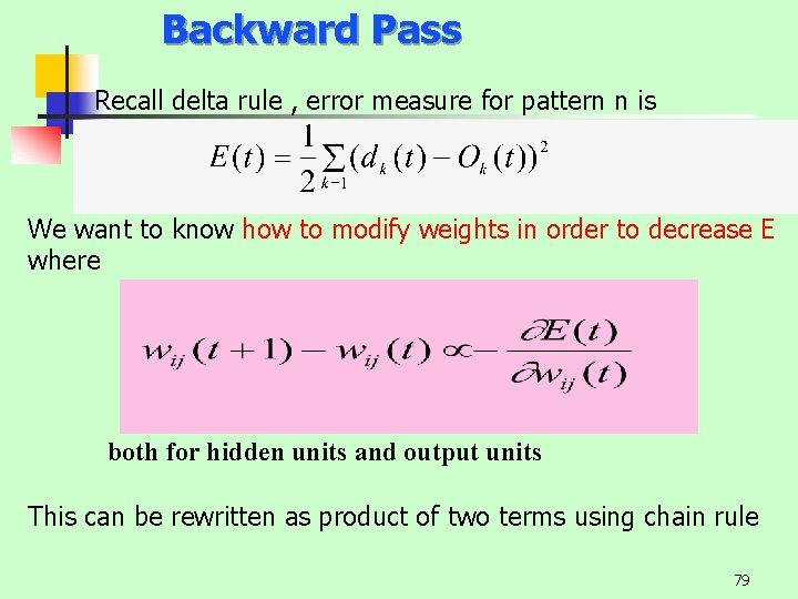 Backward Pass Recall delta rule , error measure for pattern n is We want
