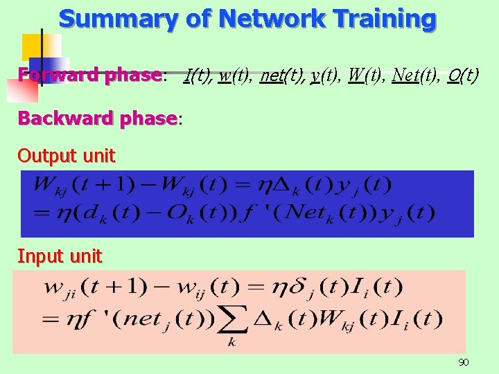 Summary of Network Training Forward phase: I(t), w(t), net(t), y(t), W(t), Net(t), O(t) Backward