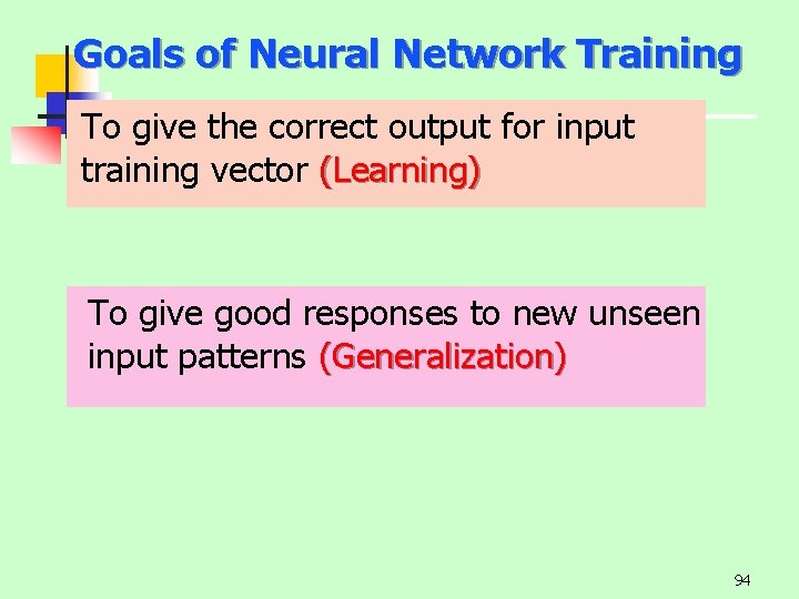 Goals of Neural Network Training To give the correct output for input training vector
