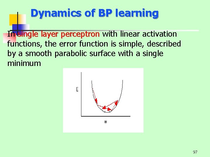 Dynamics of BP learning In single layer perceptron with linear activation functions, the error