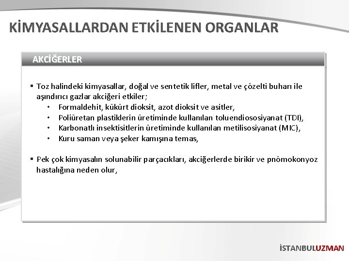 AKCİĞERLER § Toz halindeki kimyasallar, doğal ve sentetik lifler, metal ve çözelti buharı ile