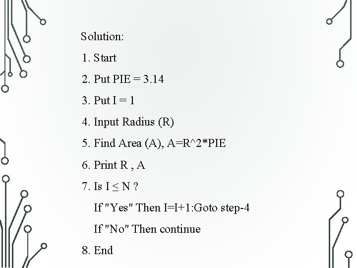 Solution: 1. Start 2. Put PIE = 3. 14 3. Put I = 1