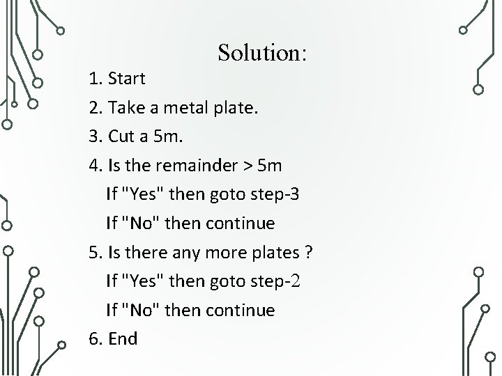 Solution: 1. Start 2. Take a metal plate. 3. Cut a 5 m. 4.