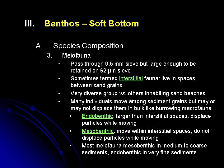 III. Benthos – Soft Bottom A. Species Composition 3. Meiofauna • • Pass through